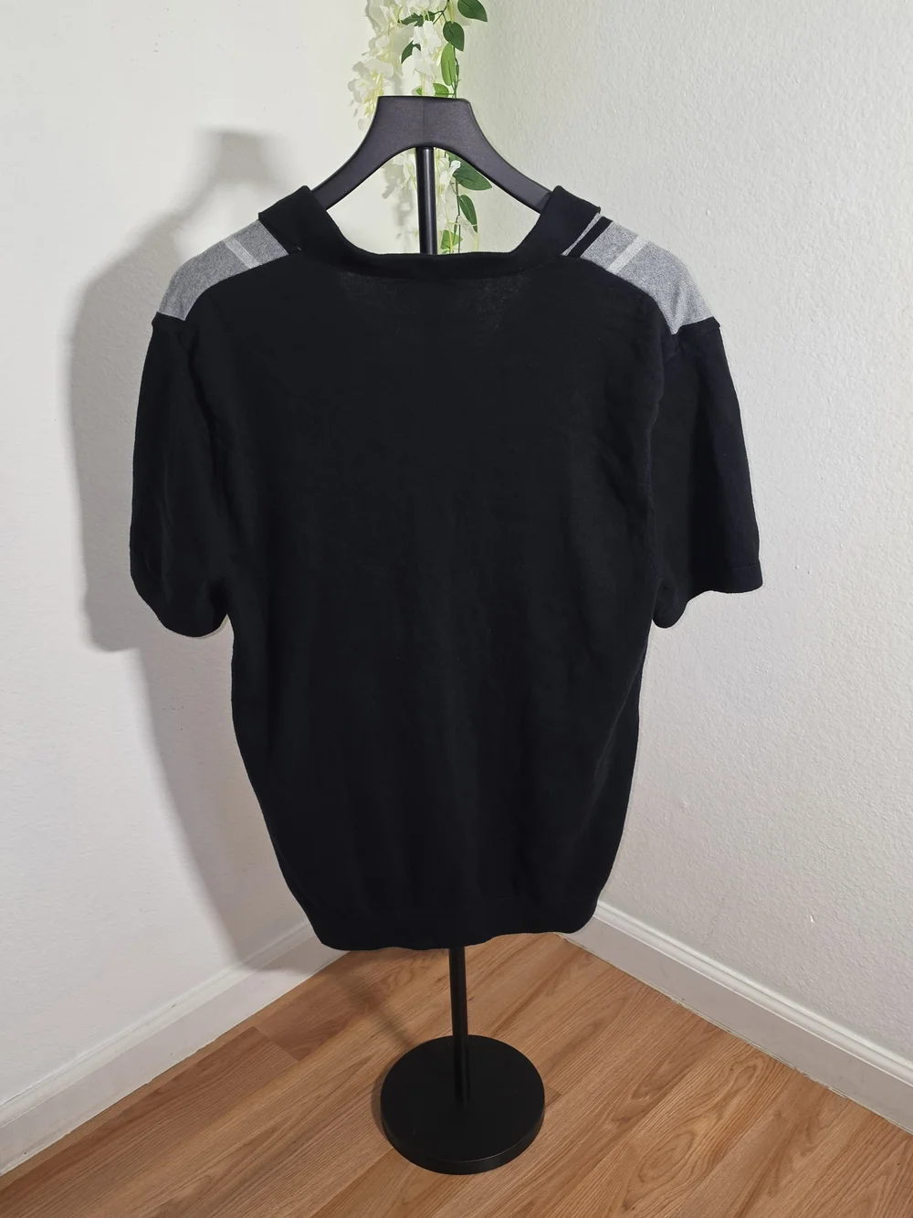 Express Black and Gray Vertical-Stripe Zip Polo